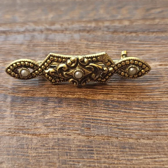 Vintage Vtg Gold Tone & Simulated Pearl Brooch Pins - Picture 3 of 10